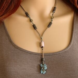 Gold-Tone Brown Cord  Colorful Beaded Necklace w/ Beads Cluster Pendant, Chic